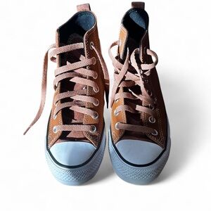 Brown High-Top Sneakers with Pink Laces